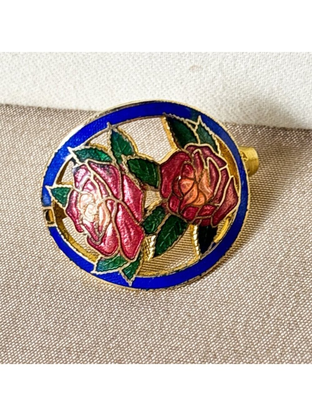 Vintage Blue Cloisonne Enamel Rose Scarf Clip Floral Gold Tone C116